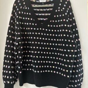 Women's Black V-Neck Sweater with Multicolor Accents